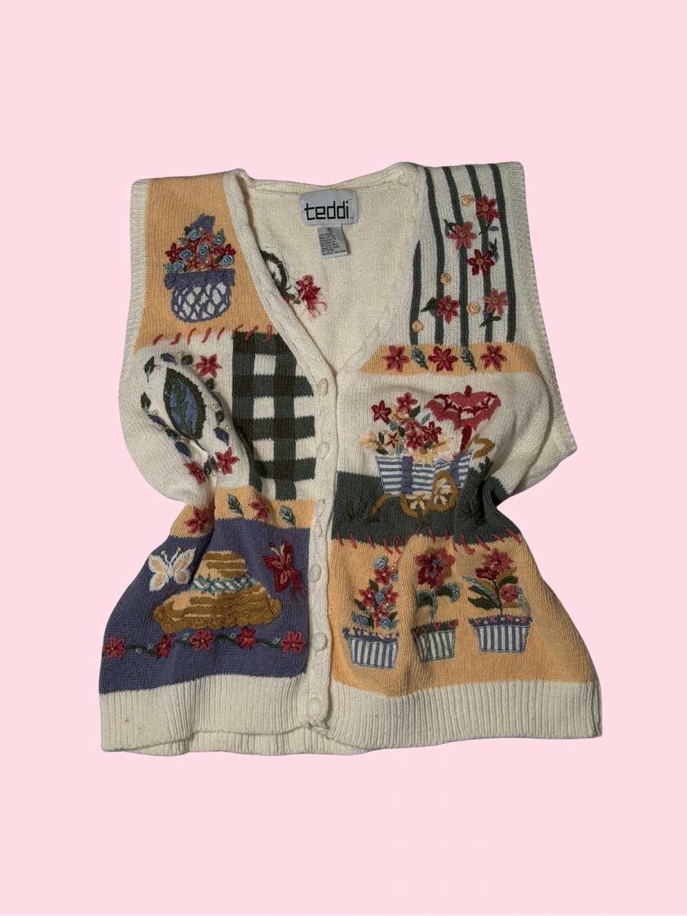 Teddi Cream Floral Patchwork Button-Up Sweater Vest with Blue and Mustard Panels